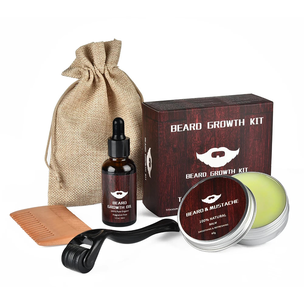 Kit Completo de Crecimiento y Cuidado de Barba para Hombre – 5 Piezas