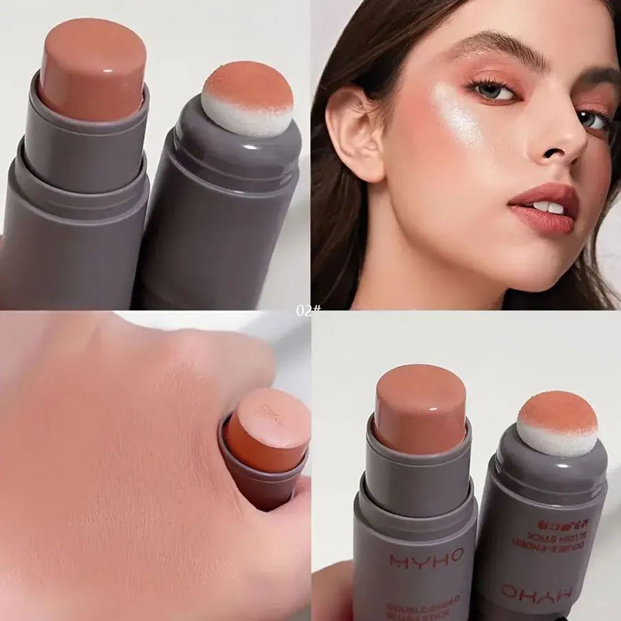 Rubor en Barra Doble Cabezal de Esponja Uso Dual Labios y Mejillas, Acabado Mate Natural y Larga Duración