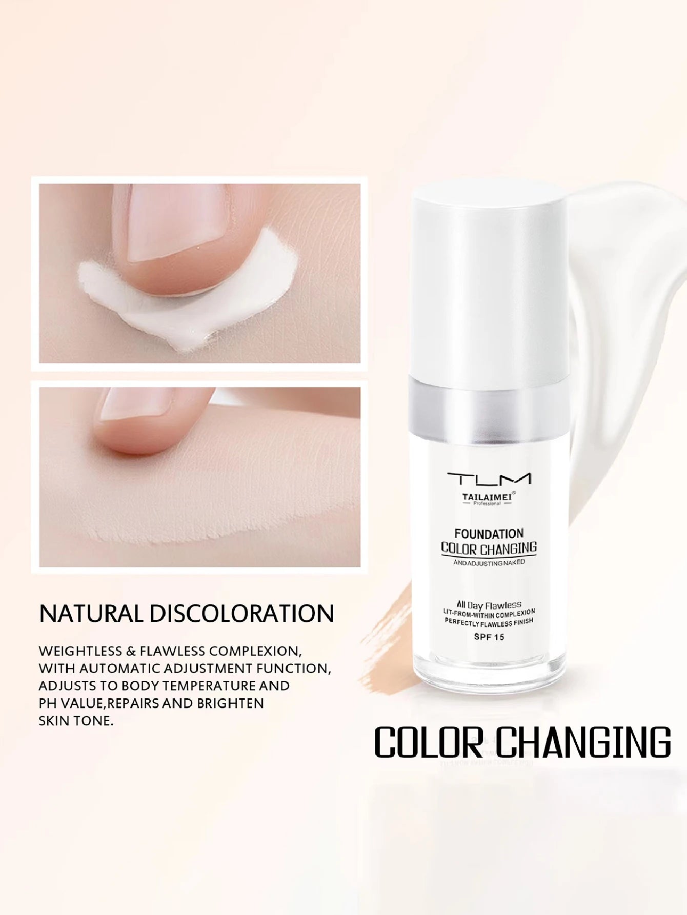 Base de Maquillaje Líquida Cambia Color 30ml Cobertura Suave, Hidratante y Larga Duración con SPF15
