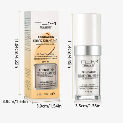 Base de Maquillaje Líquida Cambia Color 30ml Cobertura Suave, Hidratante y Larga Duración con SPF15