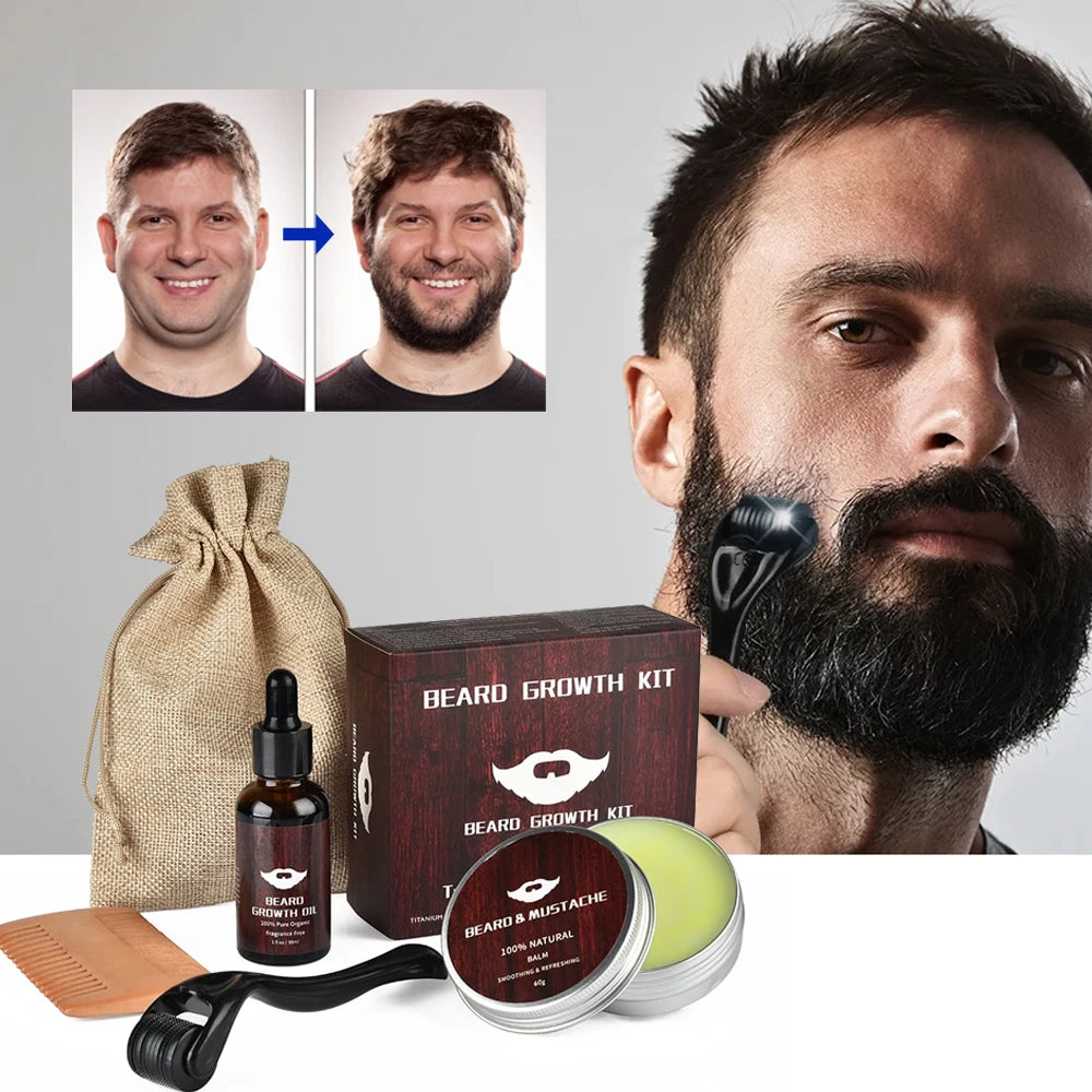 Kit Completo de Crecimiento y Cuidado de Barba para Hombre – 5 Piezas