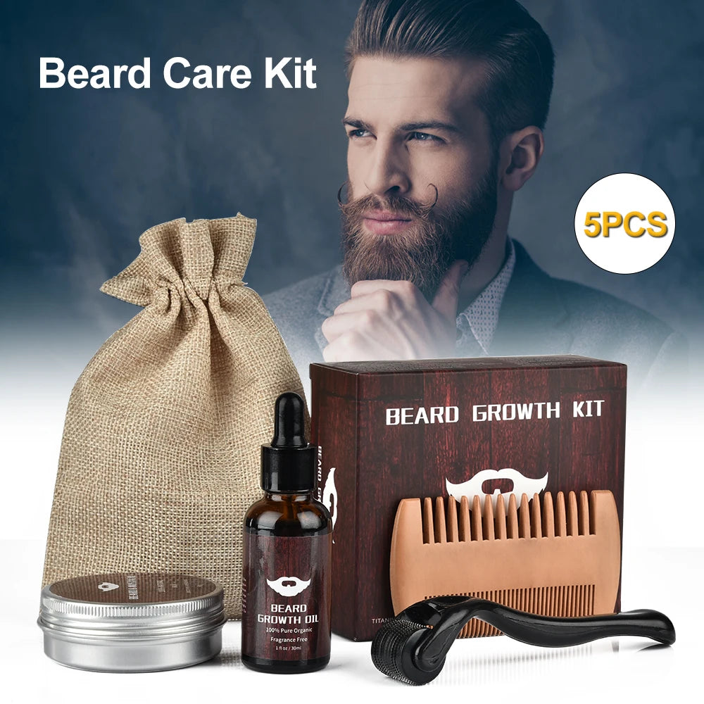 Kit Completo de Crecimiento y Cuidado de Barba para Hombre – 5 Piezas