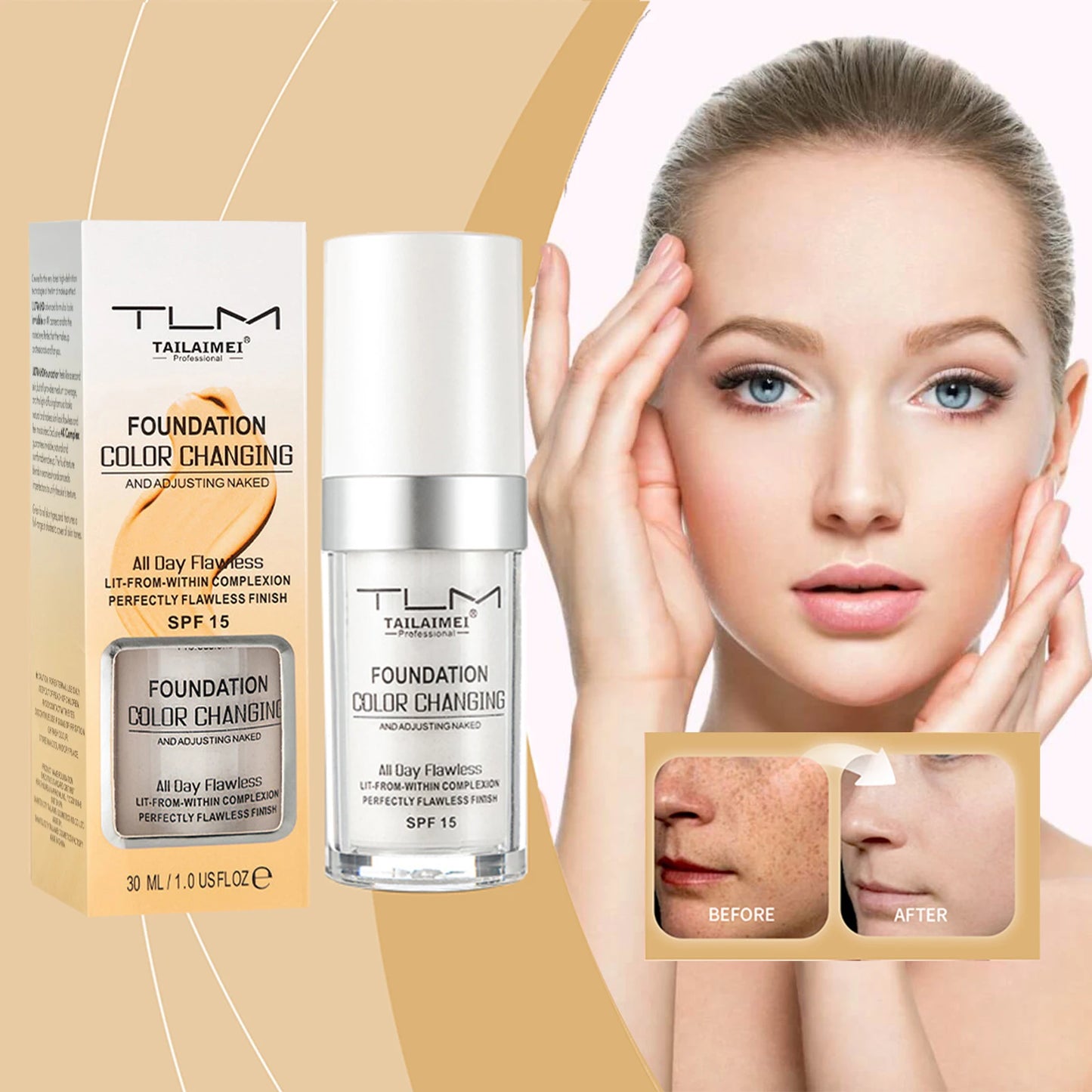 Base de Maquillaje Líquida Cambia Color 30ml Cobertura Suave, Hidratante y Larga Duración con SPF15