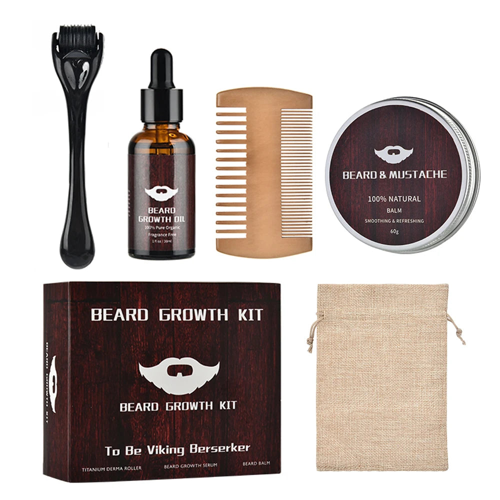 Kit Completo de Crecimiento y Cuidado de Barba para Hombre – 5 Piezas