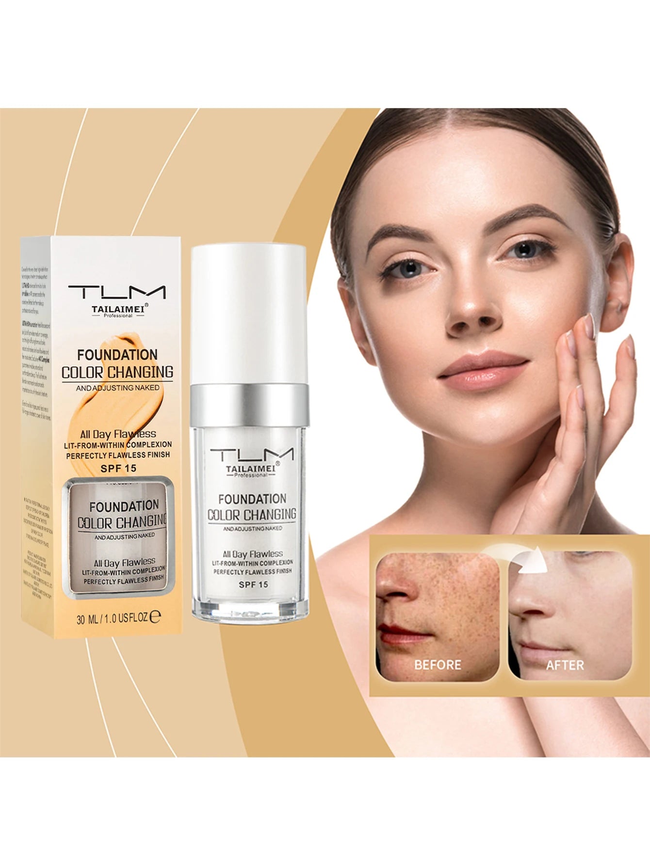 Base de Maquillaje Líquida Cambia Color 30ml Cobertura Suave, Hidratante y Larga Duración con SPF15